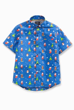 Blue Short Sleeve Christmas Print Shirt (3-16yrs)